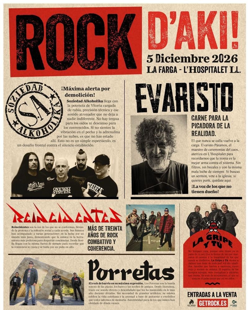 Histórica jornada de rock estatal en Barcelona: ROCK D’AKI!: Evaristo, S.A., Reincidentes, Porretas y La Gripe y Tú
